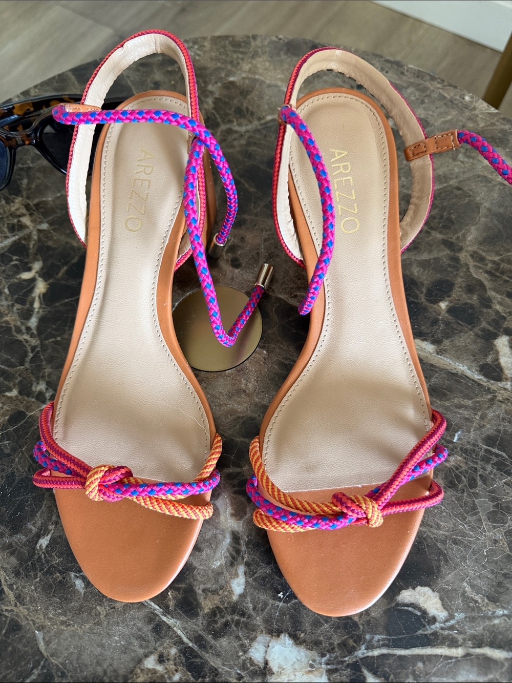 Arezzo Orange Leather Heeled Sandals with Pink & Purple Rope Ties - Picture 2 of 6
